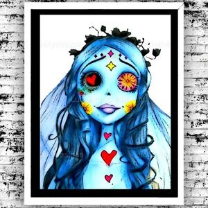 Corpse Bride Bright Blue Sugar Skull Wedding Art Print 8.5x11 Spooky Halloween